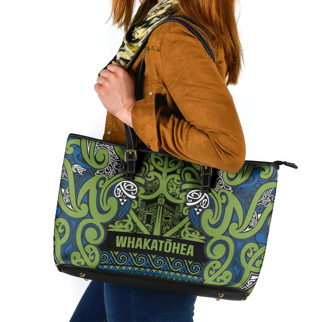 Aotearoa Iwi Whakatohea Leather Tote Bag Maori Wharenui House Tribal Pattern LT9 Olive green - Polynesian Pride