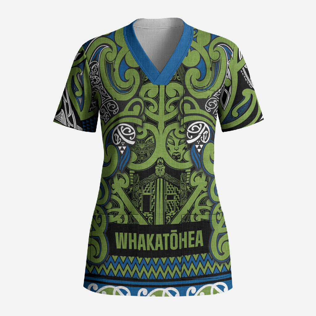 Aotearoa Iwi Whakatohea Scrub Top Maori Wharenui House Tribal Pattern