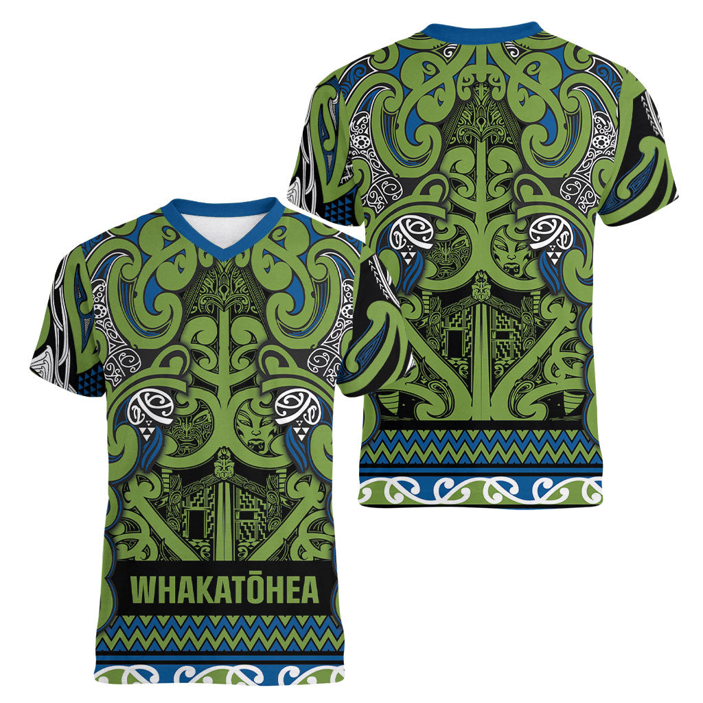 Aotearoa Iwi Whakatohea Women V-Neck T-Shirt Maori Wharenui House Tribal Pattern LT9 - Polynesian Pride