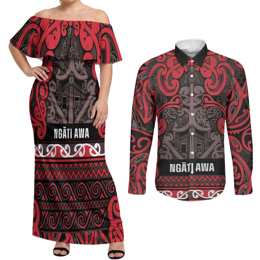 Aotearoa Iwi Ngati Awa Couples Matching Off Shoulder Maxi Dress and Long Sleeve Button Shirt Maori Wharenui House Tribal Pattern LT9 Red - Polynesian Pride
