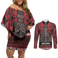 Aotearoa Iwi Ngati Awa Couples Matching Off Shoulder Short Dress and Long Sleeve Button Shirt Maori Wharenui House Tribal Pattern LT9 Red - Polynesian Pride