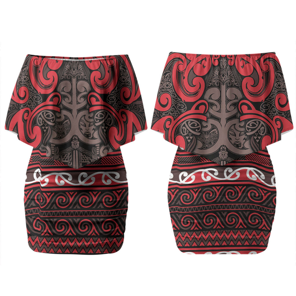 Aotearoa Iwi Ngati Awa Couples Matching Off Shoulder Short Dress and Long Sleeve Button Shirt Maori Wharenui House Tribal Pattern LT9 - Polynesian Pride