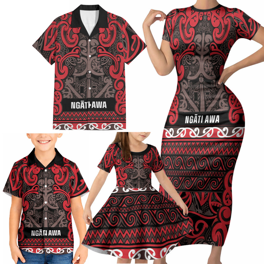 Aotearoa Iwi Ngati Awa Family Matching Short Sleeve Bodycon Dress and Hawaiian Shirt Maori Wharenui House Tribal Pattern LT9 - Polynesian Pride