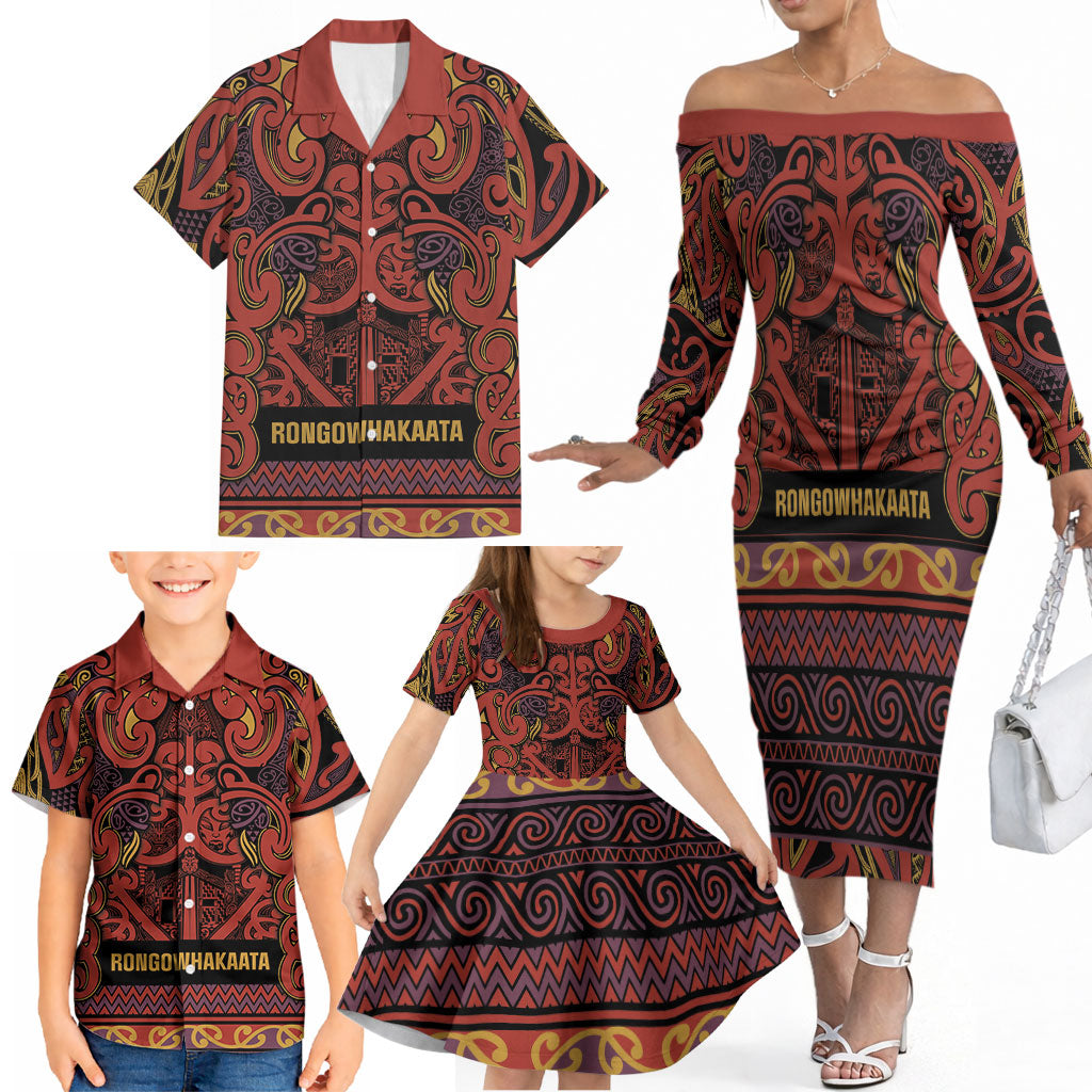 Aotearoa Iwi Rongowhakaata Family Matching Off The Shoulder Long Sleeve Dress and Hawaiian Shirt Maori Wharenui House Tribal Pattern LT9 - Polynesian Pride