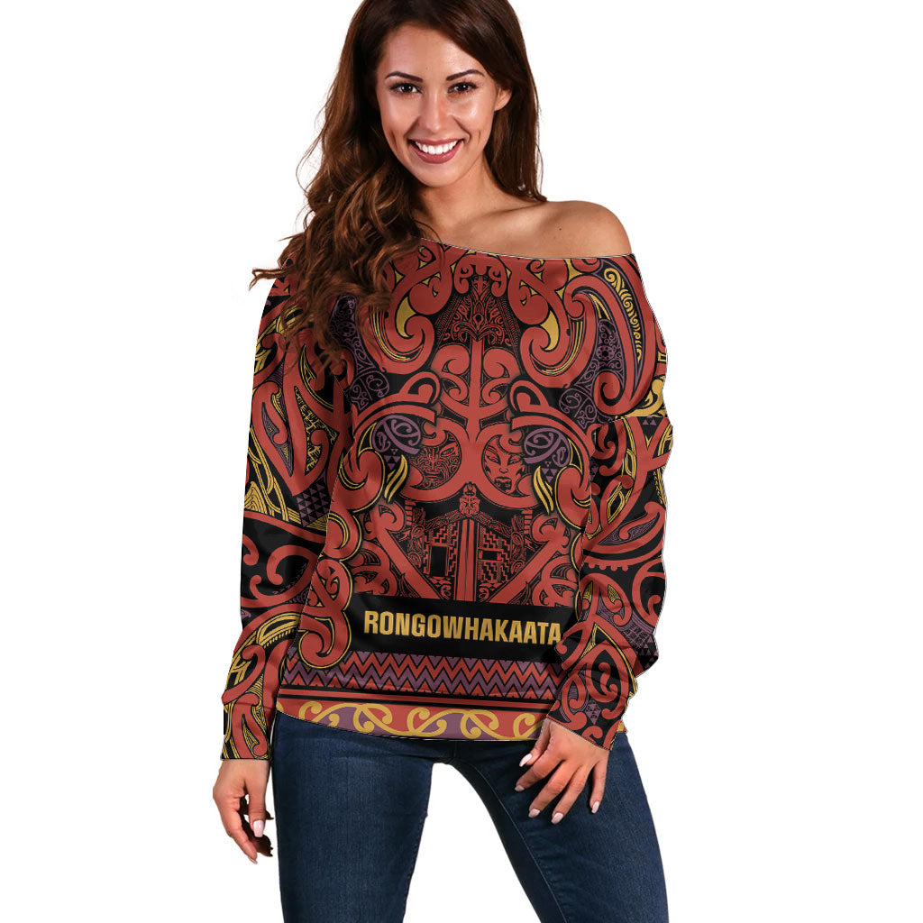 Aotearoa Iwi Rongowhakaata Off Shoulder Sweater Maori Wharenui House Tribal Pattern LT9 Women Brick Red - Polynesian Pride