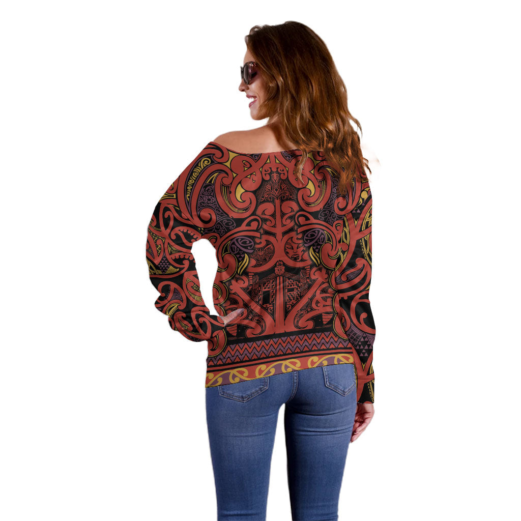 Aotearoa Iwi Rongowhakaata Off Shoulder Sweater Maori Wharenui House Tribal Pattern LT9 - Polynesian Pride