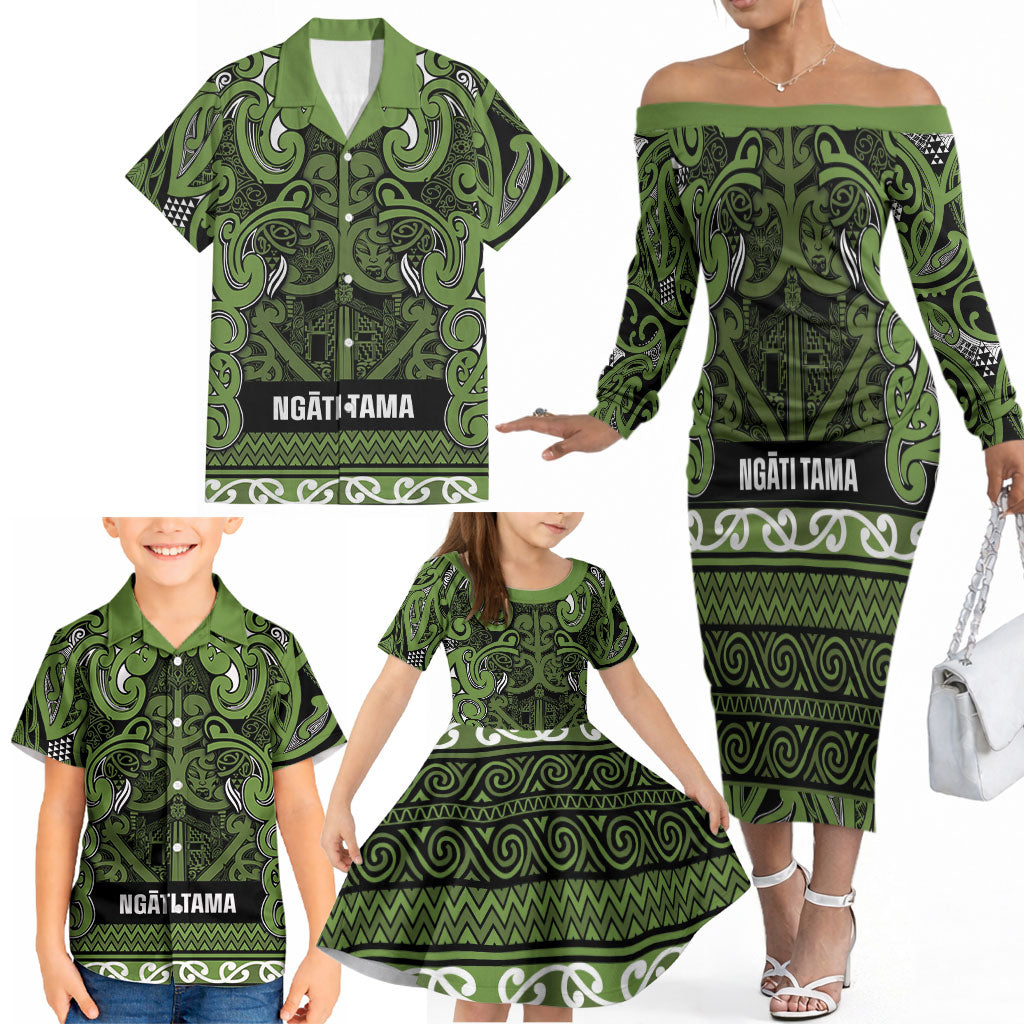Aotearoa Iwi Ngāti Tama ki Taranaki Trust Family Matching Off The Shoulder Long Sleeve Dress and Hawaiian Shirt Maori Wharenui House Tribal Pattern LT9 - Polynesian Pride