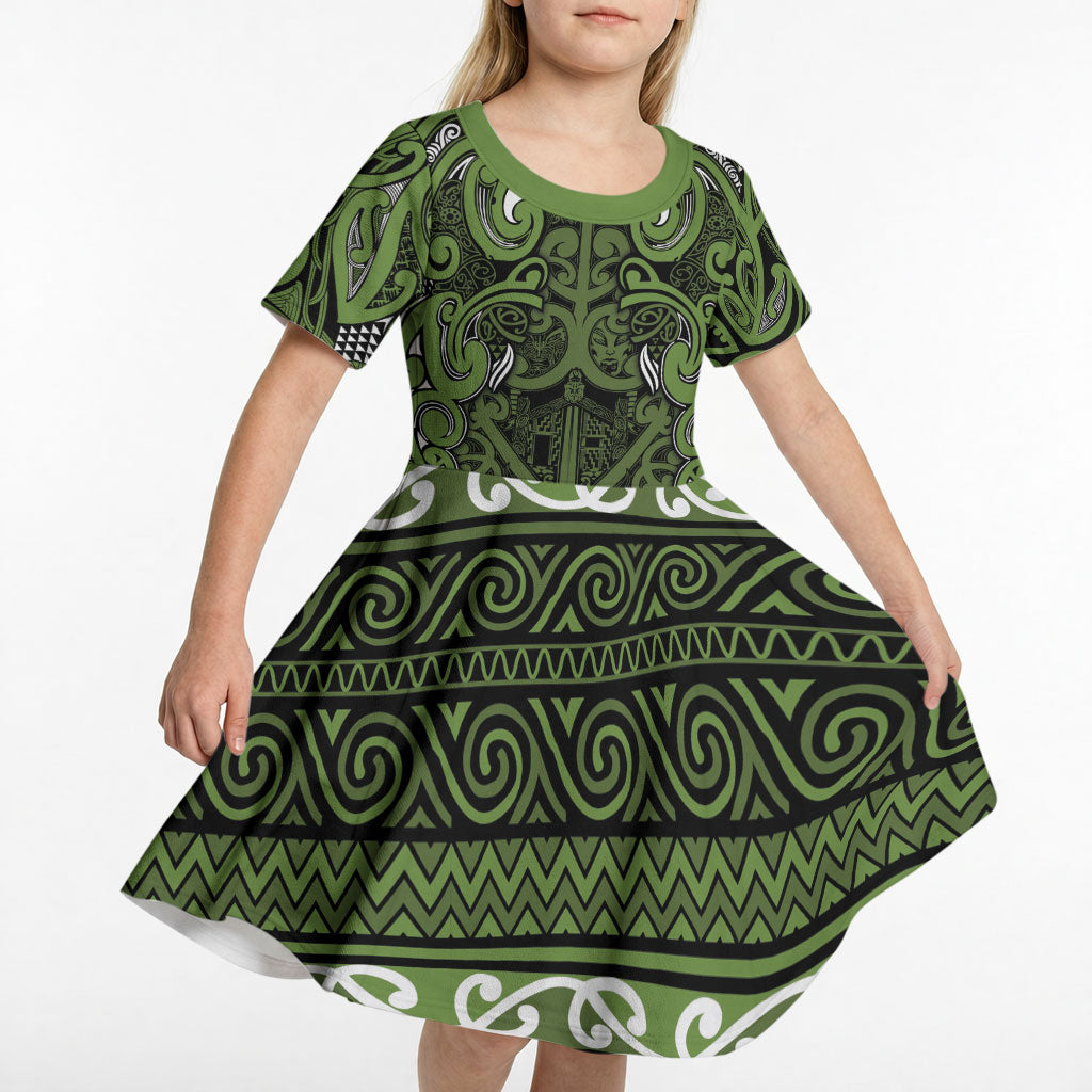 Aotearoa Iwi Ngāti Tama ki Taranaki Trust Kid Short Sleeve Dress Maori Wharenui House Tribal Pattern LT9 - Polynesian Pride