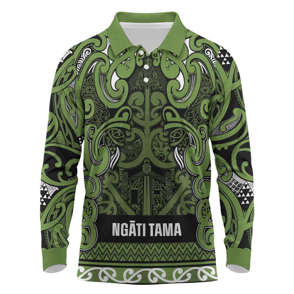 Aotearoa Iwi Ngāti Tama ki Taranaki Trust Long Sleeve Polo Shirt Maori Wharenui House Tribal Pattern LT9 Lime - Polynesian Pride