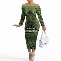 Aotearoa Iwi Ngāti Tama ki Taranaki Trust Off The Shoulder Long Sleeve Dress Maori Wharenui House Tribal Pattern LT9 Women Lime - Polynesian Pride