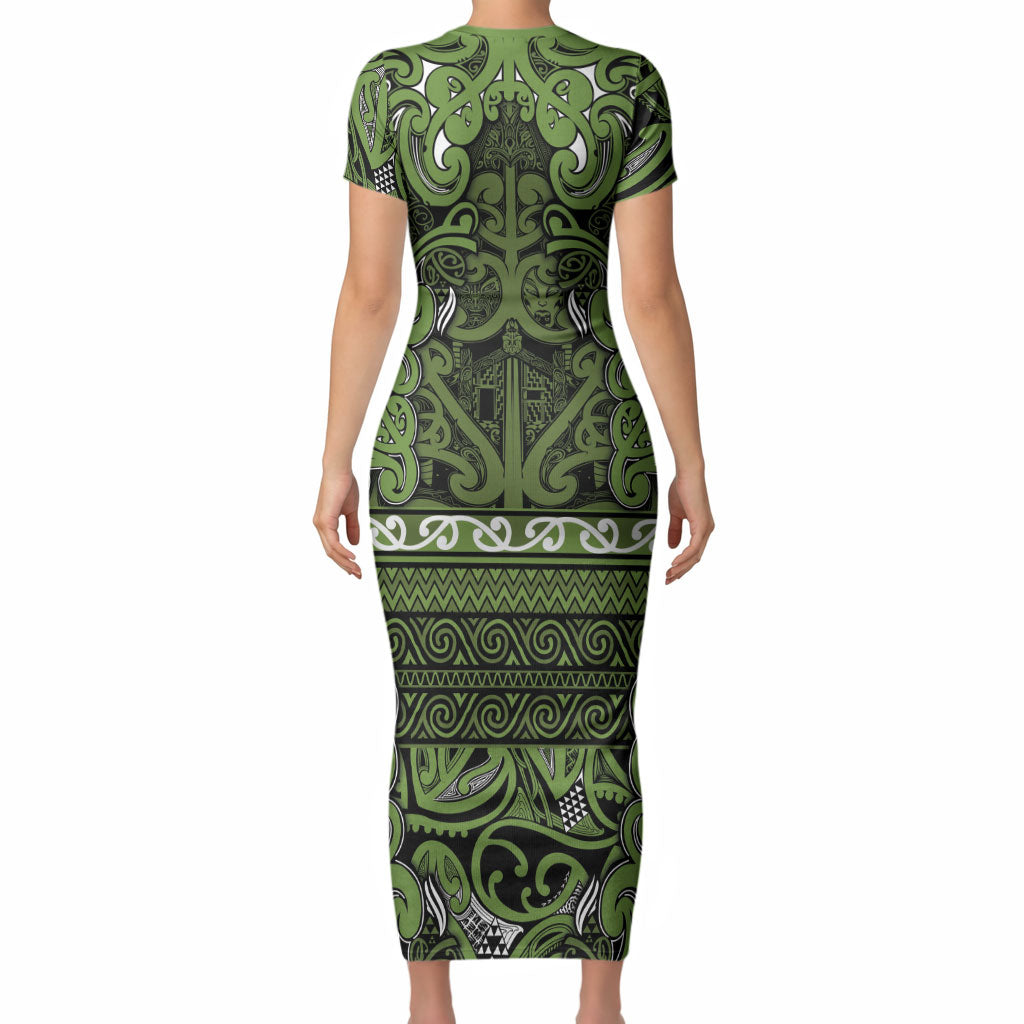 Aotearoa Iwi Ngāti Tama ki Taranaki Trust Short Sleeve Bodycon Dress Maori Wharenui House Tribal Pattern LT9 - Polynesian Pride