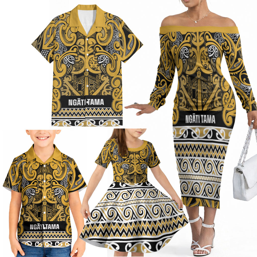 Aotearoa Iwi Ngāti Tama ki Te Waipounamu Trust Family Matching Off The Shoulder Long Sleeve Dress and Hawaiian Shirt Maori Wharenui House Tribal Pattern LT9 - Polynesian Pride