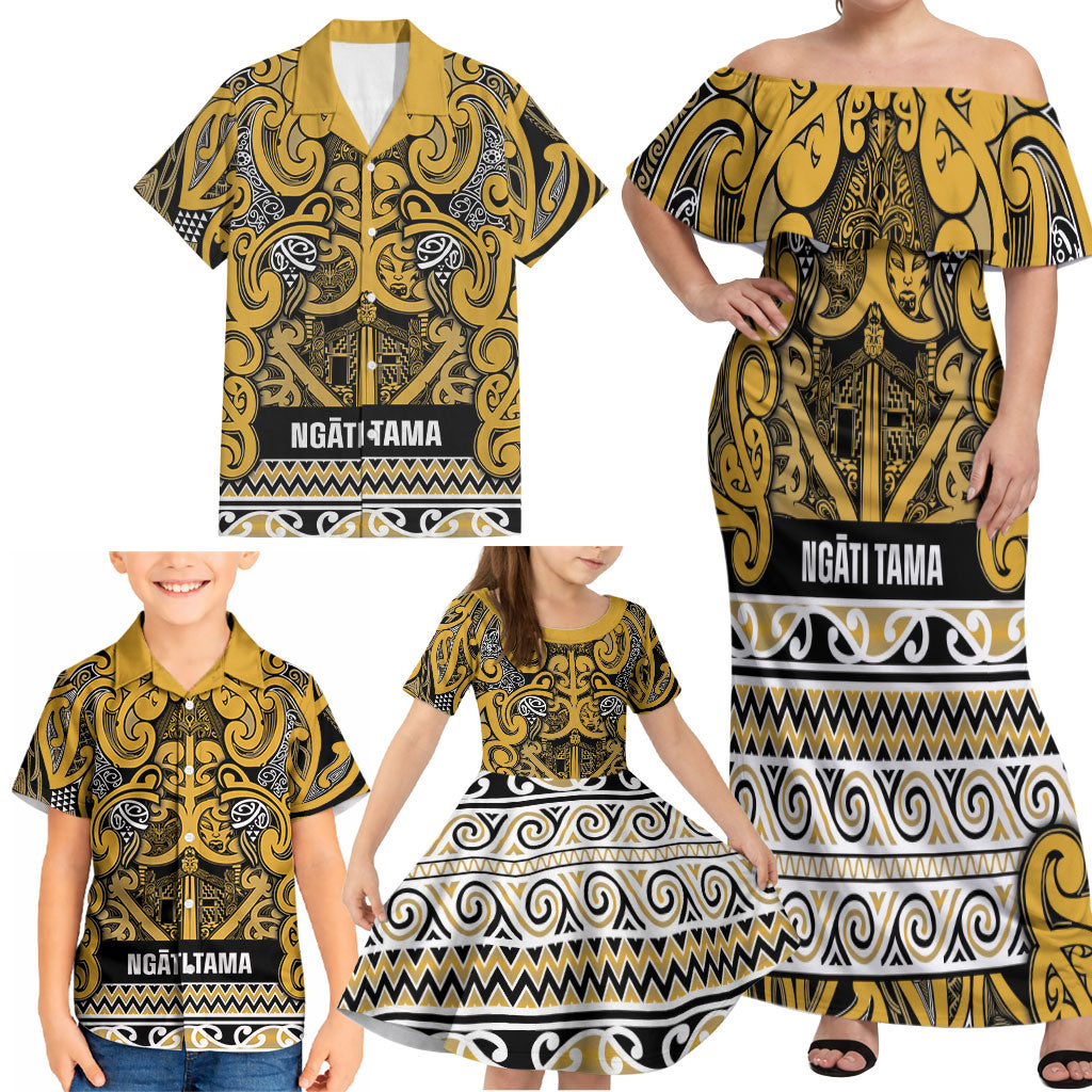 Aotearoa Iwi Ngāti Tama ki Te Waipounamu Trust Family Matching Off Shoulder Maxi Dress and Hawaiian Shirt Maori Wharenui House Tribal Pattern LT9 - Polynesian Pride