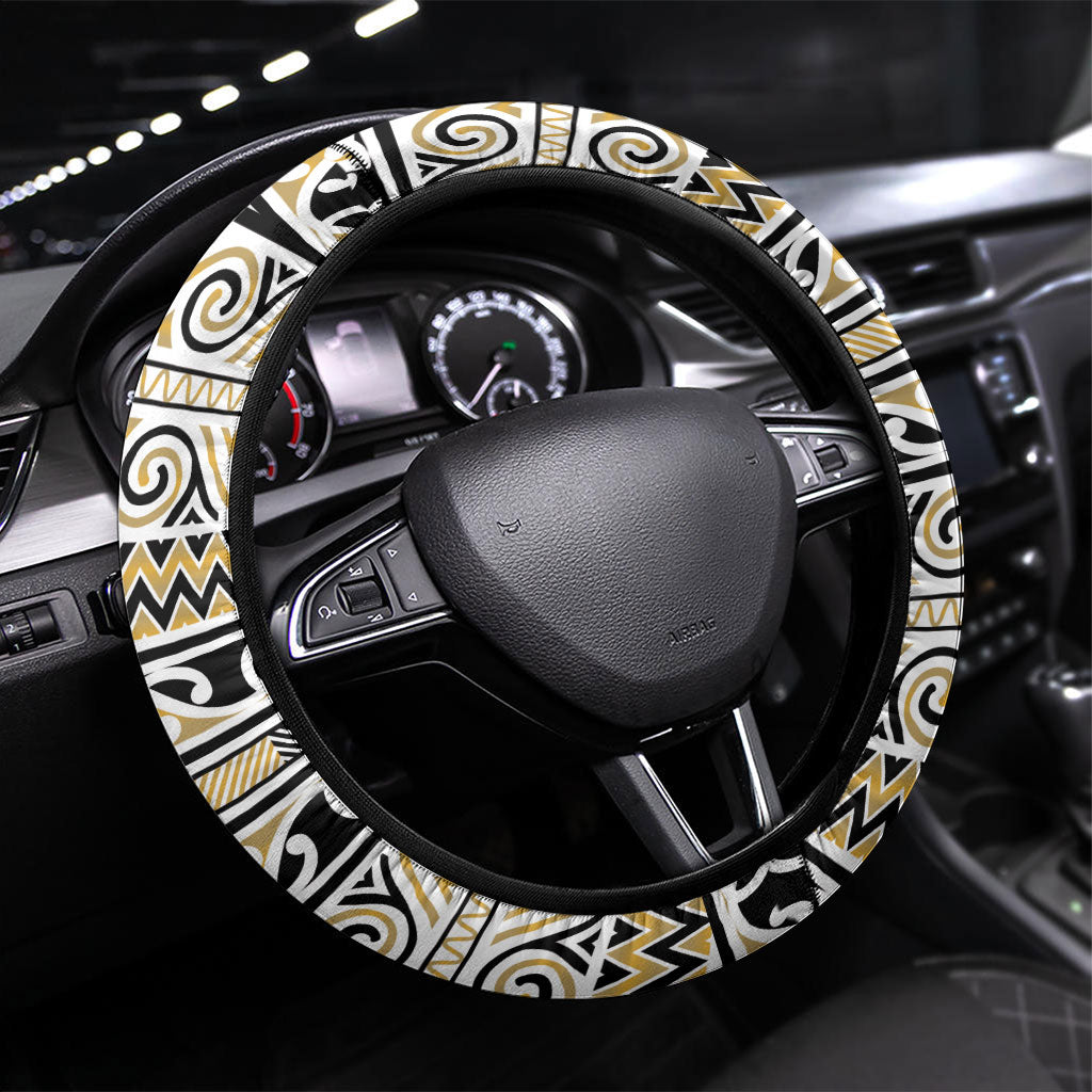 Aotearoa Iwi Ngāti Tama ki Te Waipounamu Trust Steering Wheel Cover Maori Wharenui House Tribal Pattern LT9 Universal Fit Gold - Polynesian Pride