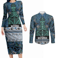 Aotearoa Iwi Ngati Mutunga Couples Matching Long Sleeve Bodycon Dress and Long Sleeve Button Shirt Maori Wharenui House Tribal Pattern LT9 Ocean Blue - Polynesian Pride