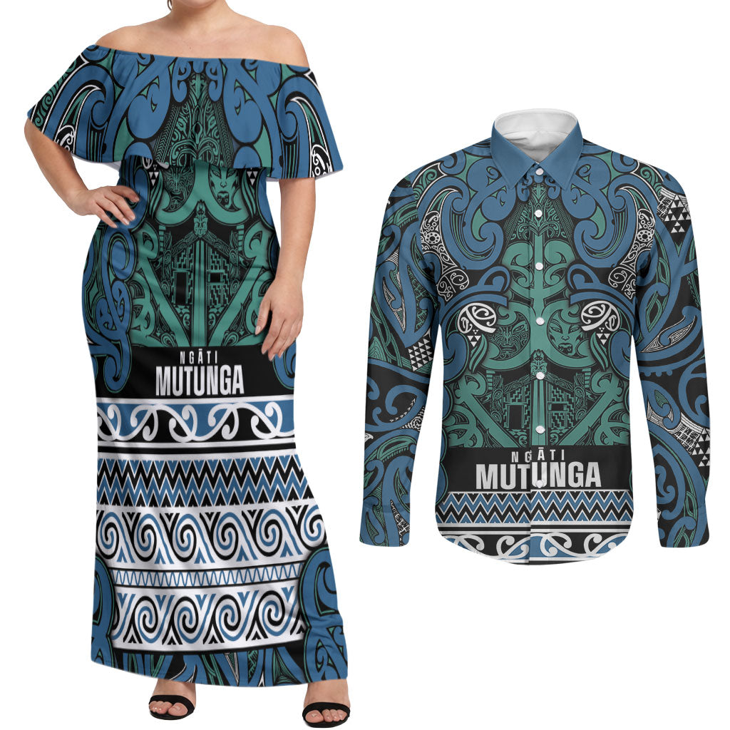 Aotearoa Iwi Ngati Mutunga Couples Matching Off Shoulder Maxi Dress and Long Sleeve Button Shirt Maori Wharenui House Tribal Pattern LT9 Ocean Blue - Polynesian Pride