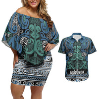 Aotearoa Iwi Ngati Mutunga Couples Matching Off Shoulder Short Dress and Hawaiian Shirt Maori Wharenui House Tribal Pattern LT9 Ocean Blue - Polynesian Pride