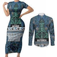 Aotearoa Iwi Ngati Mutunga Couples Matching Short Sleeve Bodycon Dress and Long Sleeve Button Shirt Maori Wharenui House Tribal Pattern LT9 Ocean Blue - Polynesian Pride