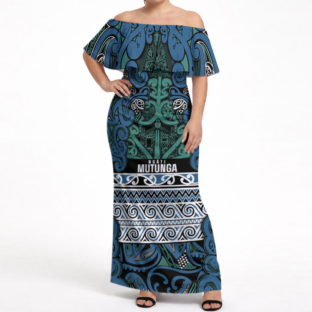 Aotearoa Iwi Ngati Mutunga Off Shoulder Maxi Dress Maori Wharenui House Tribal Pattern LT9 Women Ocean Blue - Polynesian Pride