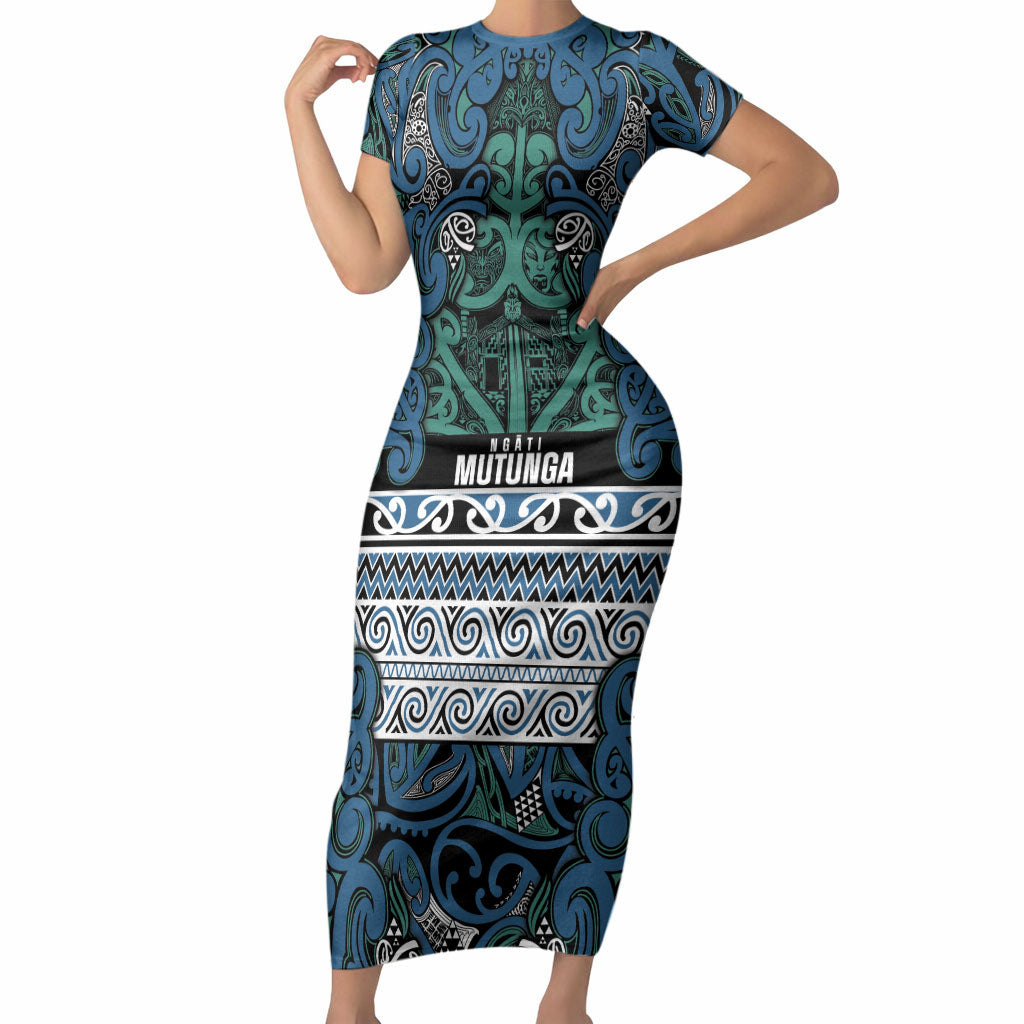 Aotearoa Iwi Ngati Mutunga Short Sleeve Bodycon Dress Maori Wharenui House Tribal Pattern LT9 Long Dress Ocean Blue - Polynesian Pride