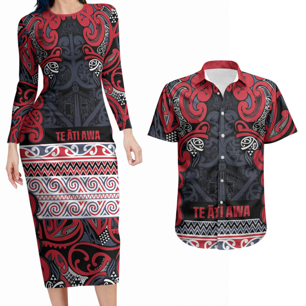 Aotearoa Iwi Te ati Awa Couples Matching Long Sleeve Bodycon Dress and Hawaiian Shirt Maori Wharenui House Tribal Pattern LT9 Bright Red - Polynesian Pride