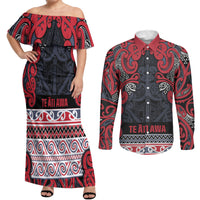 Aotearoa Iwi Te ati Awa Couples Matching Off Shoulder Maxi Dress and Long Sleeve Button Shirt Maori Wharenui House Tribal Pattern LT9 Bright Red - Polynesian Pride