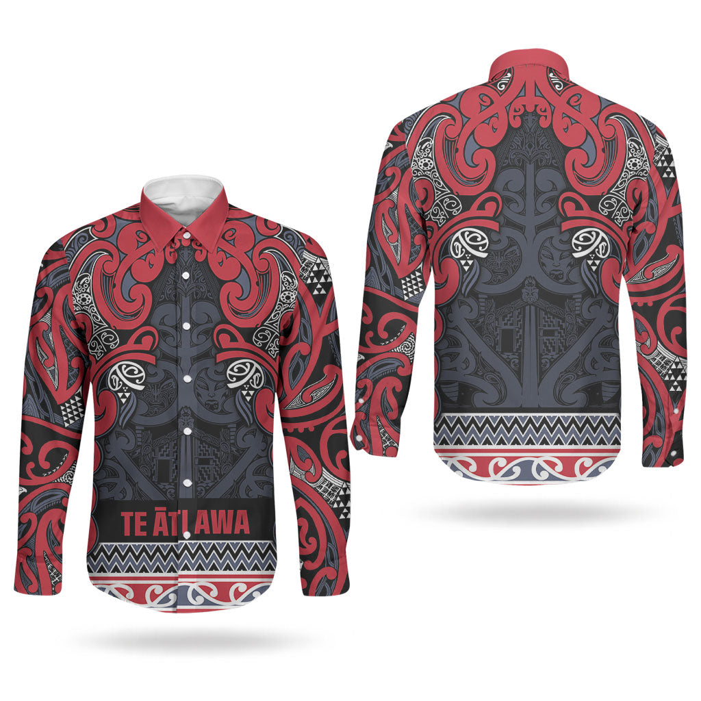 Aotearoa Iwi Te ati Awa Couples Matching Off Shoulder Maxi Dress and Long Sleeve Button Shirt Maori Wharenui House Tribal Pattern LT9 - Polynesian Pride