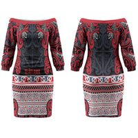 Aotearoa Iwi Te ati Awa Couples Matching Off The Shoulder Long Sleeve Dress and Long Sleeve Button Shirt Maori Wharenui House Tribal Pattern LT9 - Polynesian Pride