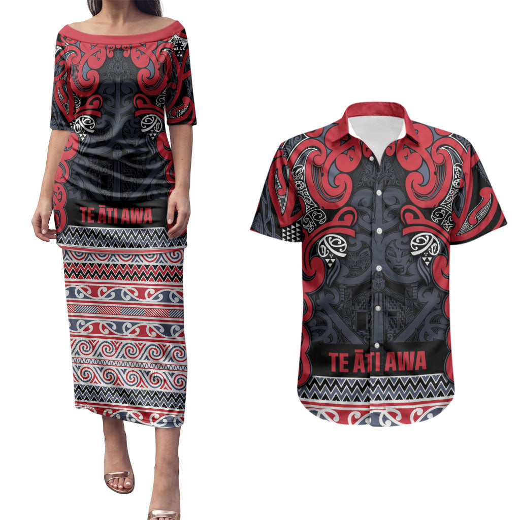 Aotearoa Iwi Te ati Awa Couples Matching Puletasi and Hawaiian Shirt Maori Wharenui House Tribal Pattern LT9 Bright Red - Polynesian Pride
