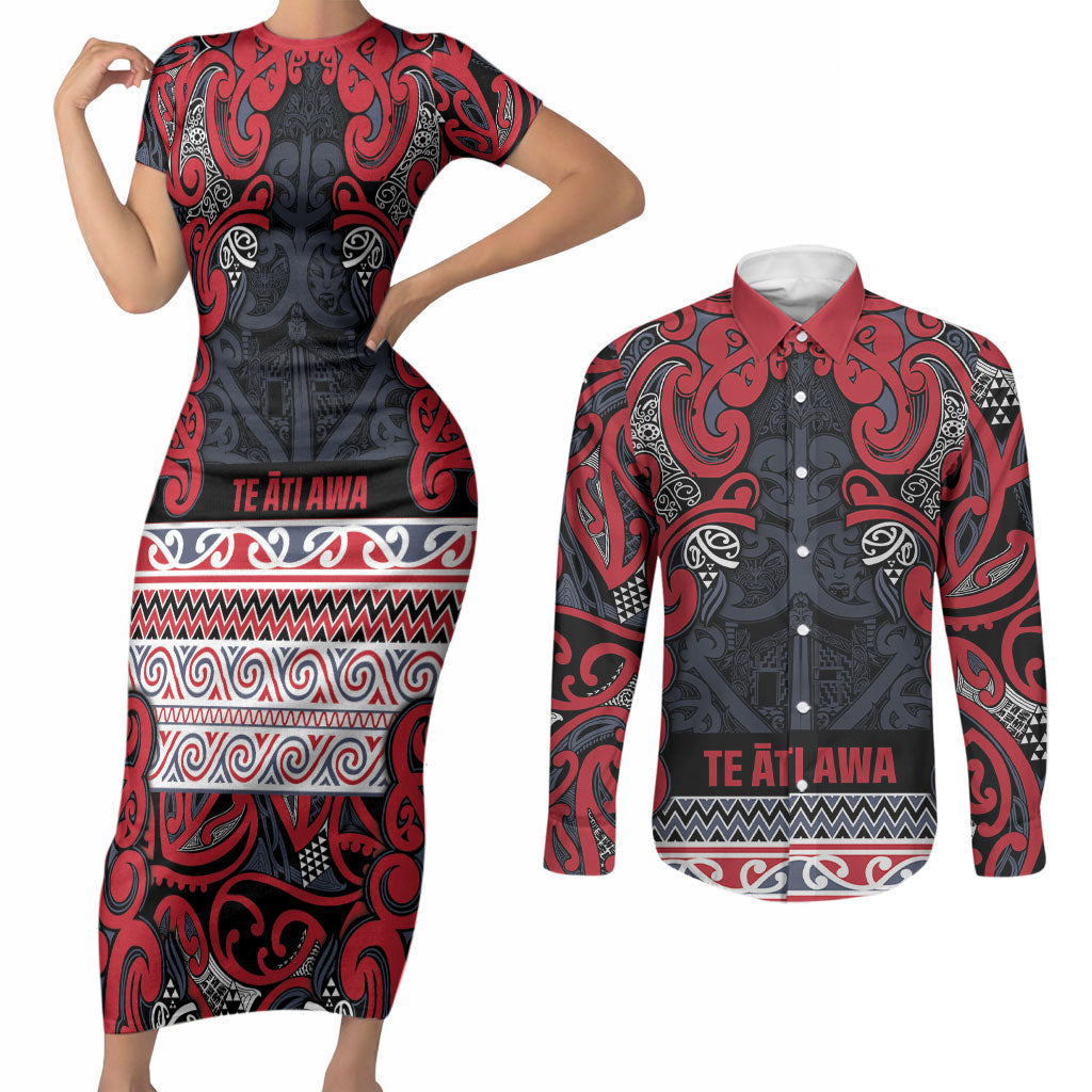 Aotearoa Iwi Te ati Awa Couples Matching Short Sleeve Bodycon Dress and Long Sleeve Button Shirt Maori Wharenui House Tribal Pattern LT9 Bright Red - Polynesian Pride