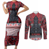 Aotearoa Iwi Te ati Awa Couples Matching Short Sleeve Bodycon Dress and Long Sleeve Button Shirt Maori Wharenui House Tribal Pattern LT9 Bright Red - Polynesian Pride