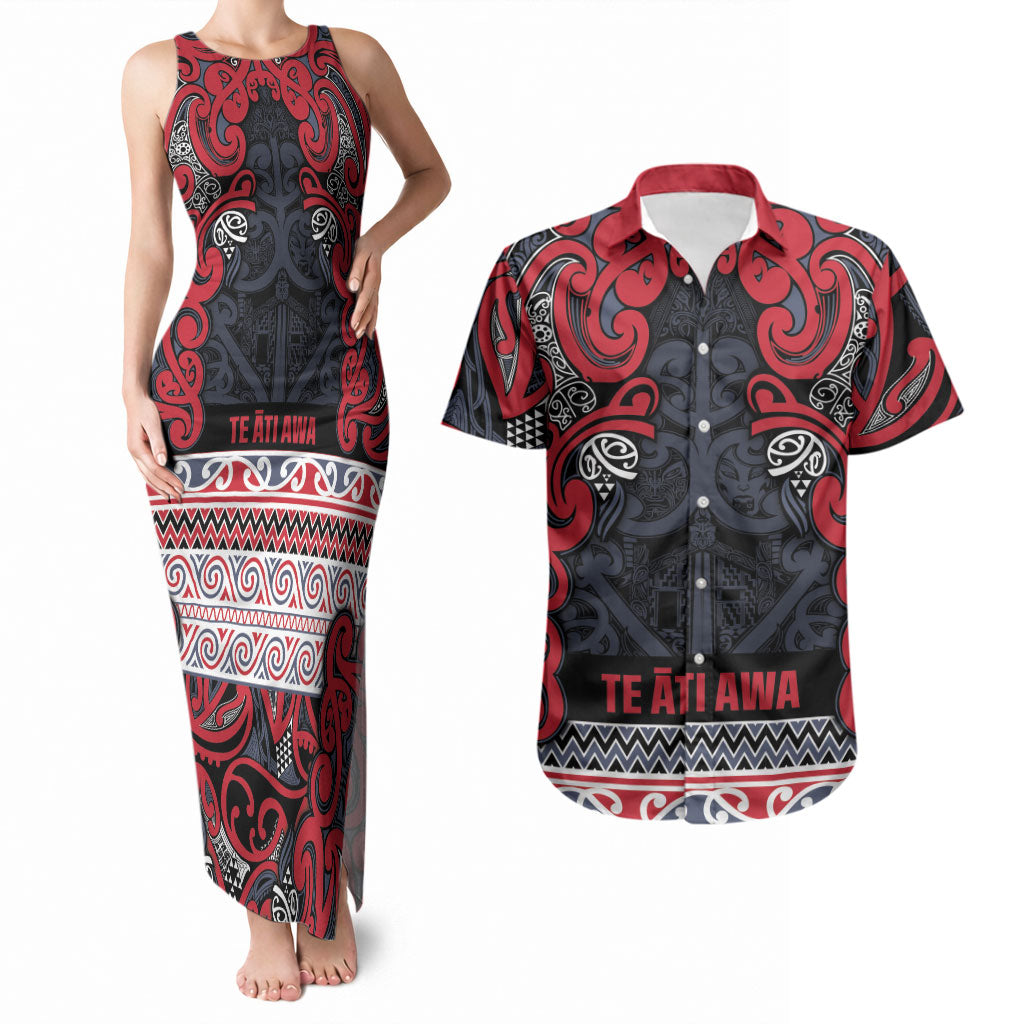 Aotearoa Iwi Te ati Awa Couples Matching Tank Maxi Dress and Hawaiian Shirt Maori Wharenui House Tribal Pattern LT9 Bright Red - Polynesian Pride