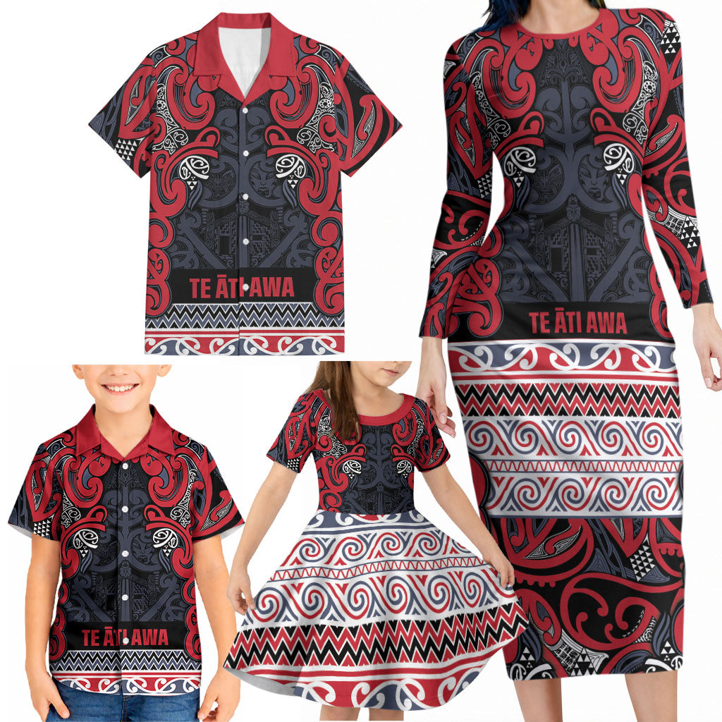 Aotearoa Iwi Te ati Awa Family Matching Long Sleeve Bodycon Dress and Hawaiian Shirt Maori Wharenui House Tribal Pattern LT9 - Polynesian Pride
