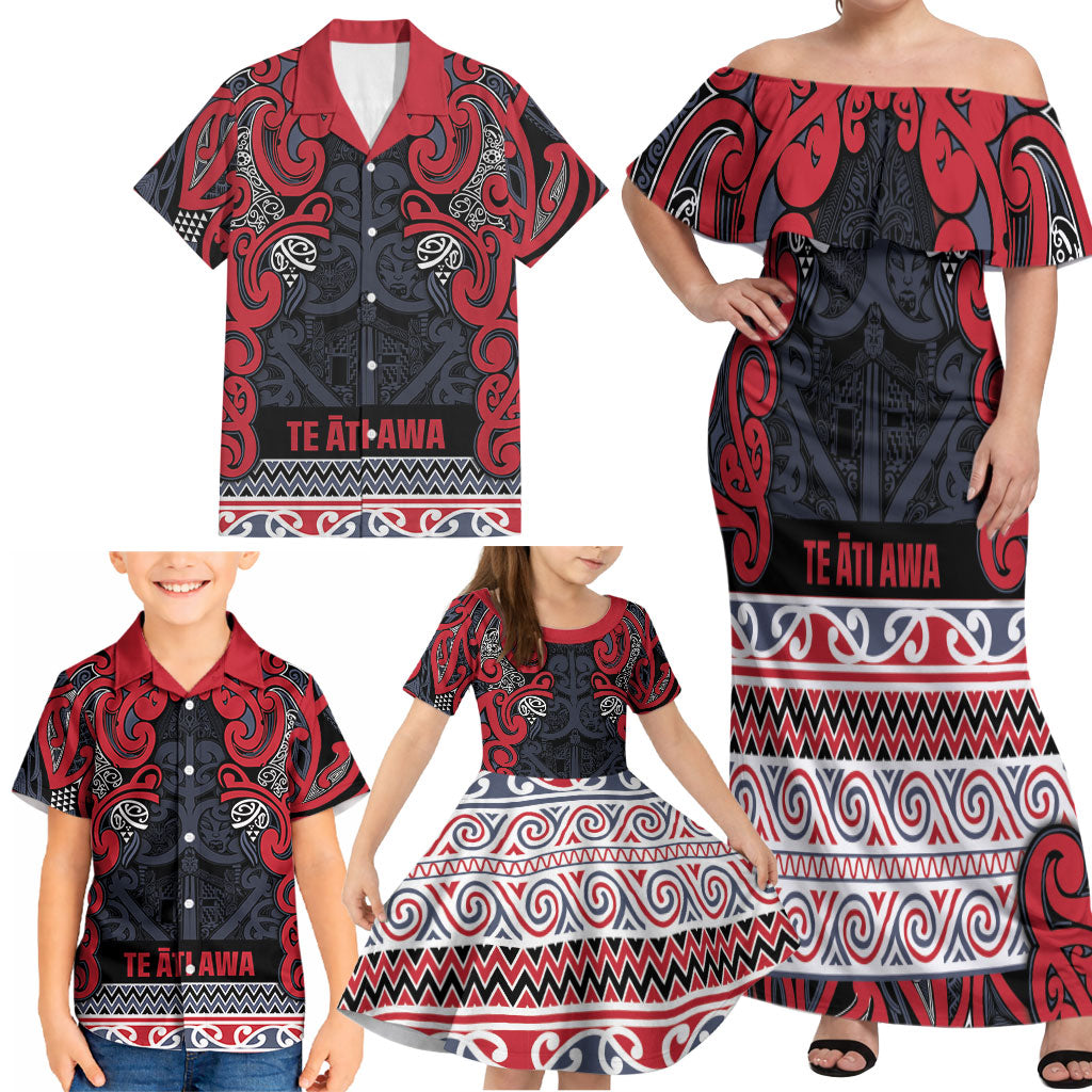 Aotearoa Iwi Te ati Awa Family Matching Off Shoulder Maxi Dress and Hawaiian Shirt Maori Wharenui House Tribal Pattern LT9 - Polynesian Pride