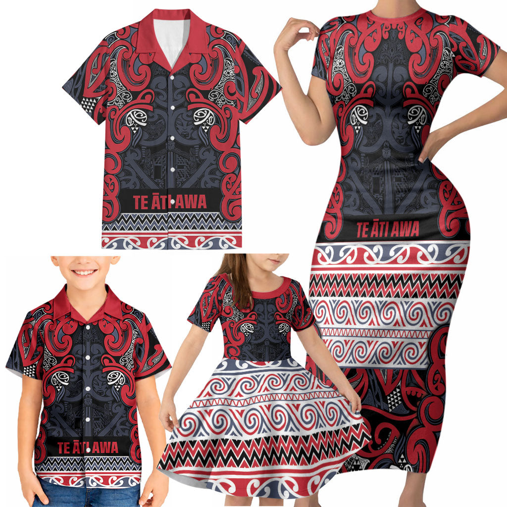 Aotearoa Iwi Te ati Awa Family Matching Short Sleeve Bodycon Dress and Hawaiian Shirt Maori Wharenui House Tribal Pattern LT9 - Polynesian Pride