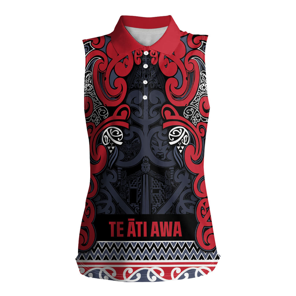 Aotearoa Iwi Te ati Awa Women Sleeveless Polo Shirt Maori Wharenui House Tribal Pattern LT9 Female Bright Red - Polynesian Pride