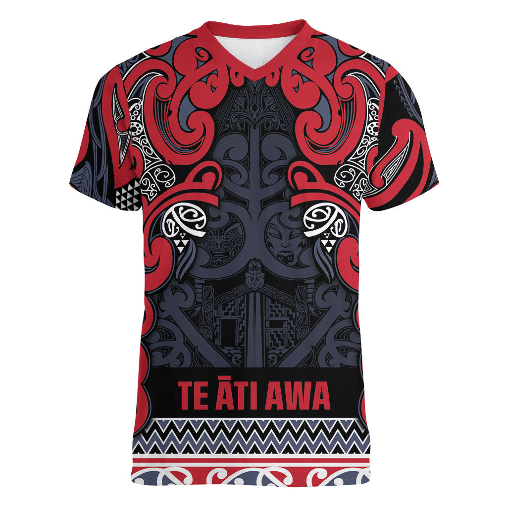 Aotearoa Iwi Te ati Awa Women V-Neck T-Shirt Maori Wharenui House Tribal Pattern LT9 Female Bright Red - Polynesian Pride