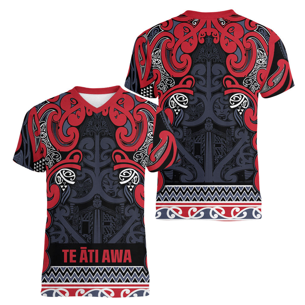 Aotearoa Iwi Te ati Awa Women V-Neck T-Shirt Maori Wharenui House Tribal Pattern LT9 - Polynesian Pride
