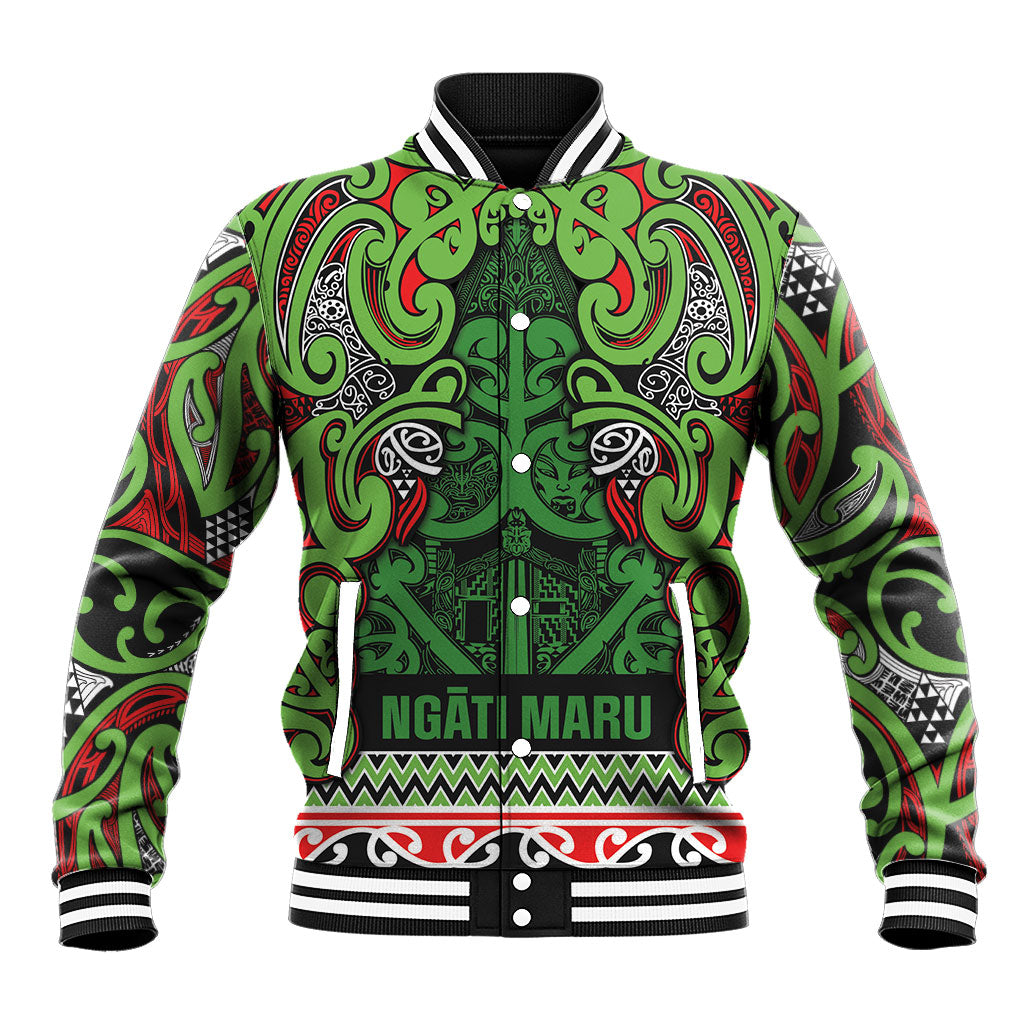 Aotearoa Iwi Ngati Maru Hauraki Baseball Jacket Maori Wharenui House Tribal Pattern LT9 Unisex Green Red - Polynesian Pride