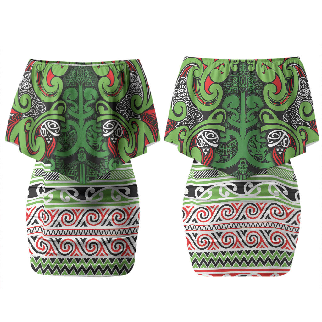 Aotearoa Iwi Ngati Maru Hauraki Couples Matching Off Shoulder Short Dress and Long Sleeve Button Shirt Maori Wharenui House Tribal Pattern LT9 - Polynesian Pride