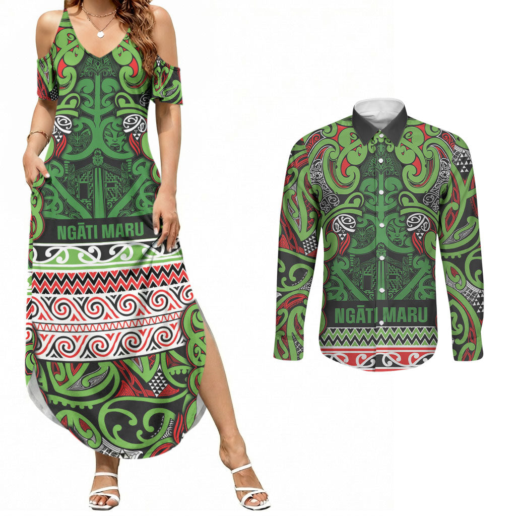 Aotearoa Iwi Ngati Maru Hauraki Couples Matching Summer Maxi Dress and Long Sleeve Button Shirt Maori Wharenui House Tribal Pattern LT9 Green Red - Polynesian Pride