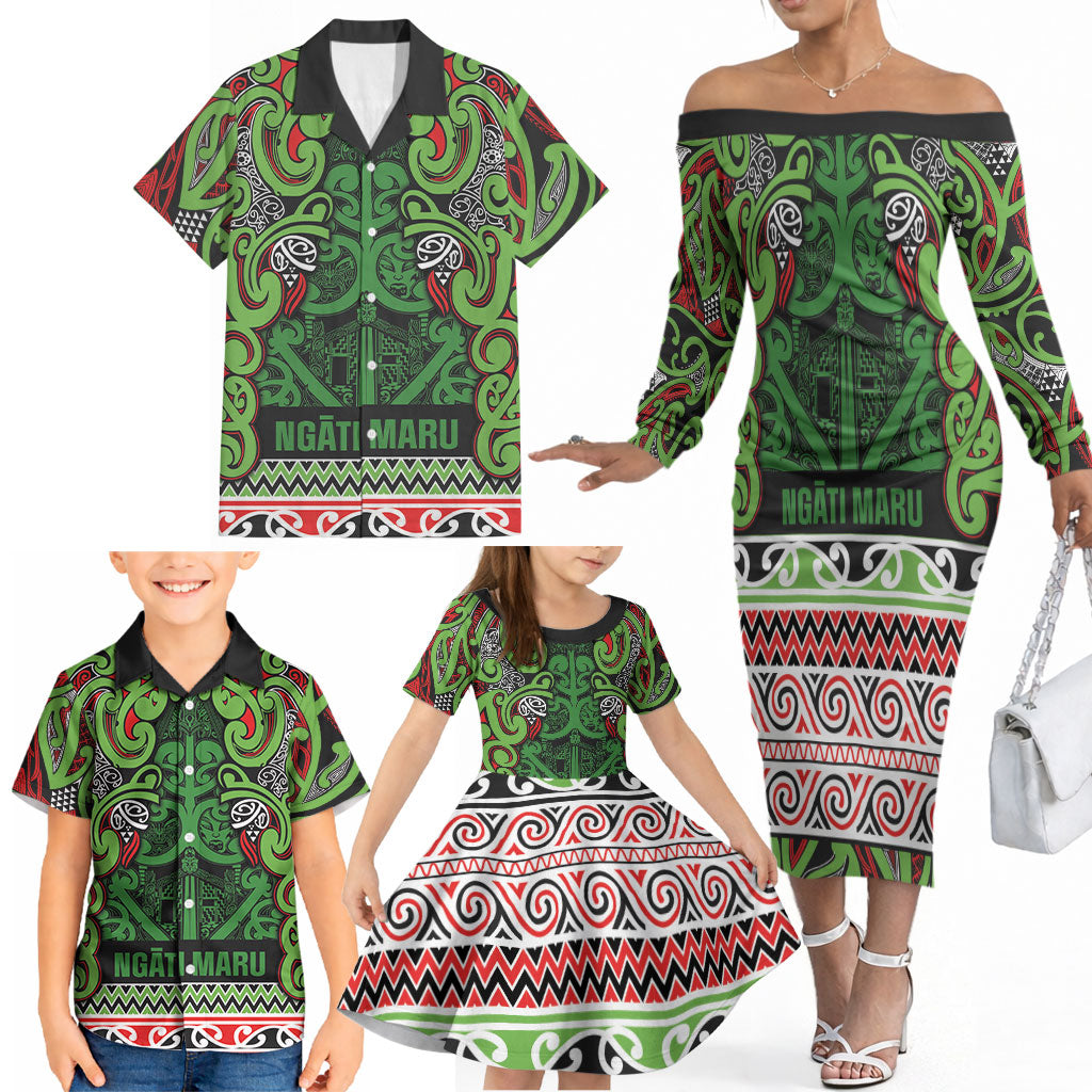 Aotearoa Iwi Ngati Maru Hauraki Family Matching Off The Shoulder Long Sleeve Dress and Hawaiian Shirt Maori Wharenui House Tribal Pattern LT9 - Polynesian Pride