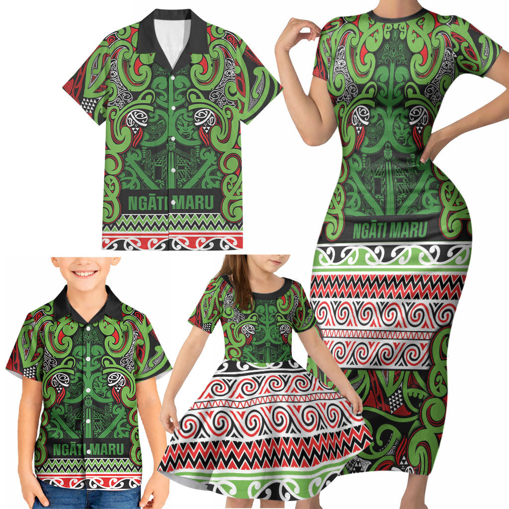 Aotearoa Iwi Ngati Maru Hauraki Family Matching Short Sleeve Bodycon Dress and Hawaiian Shirt Maori Wharenui House Tribal Pattern LT9 - Polynesian Pride
