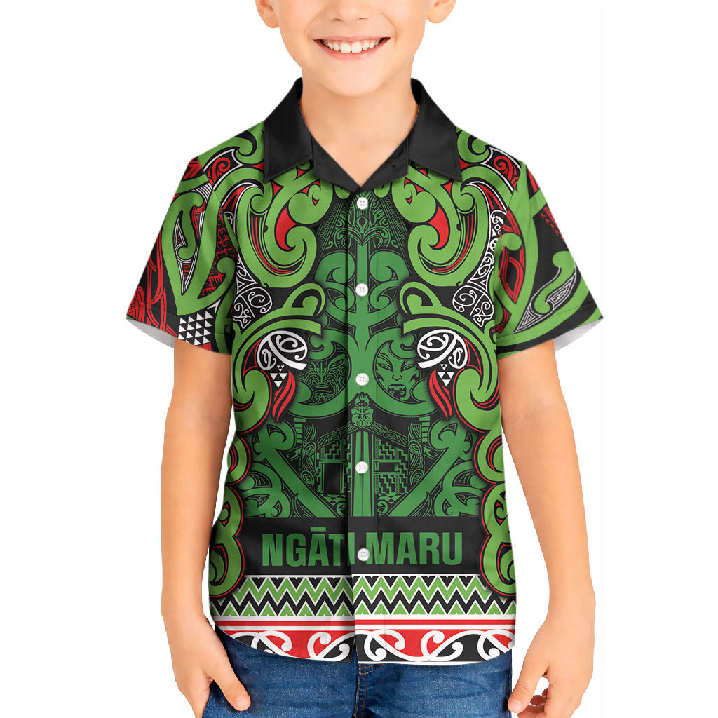 Aotearoa Iwi Ngati Maru Hauraki Kid Hawaiian Shirt Maori Wharenui House Tribal Pattern LT9 Kid Green Red - Polynesian Pride