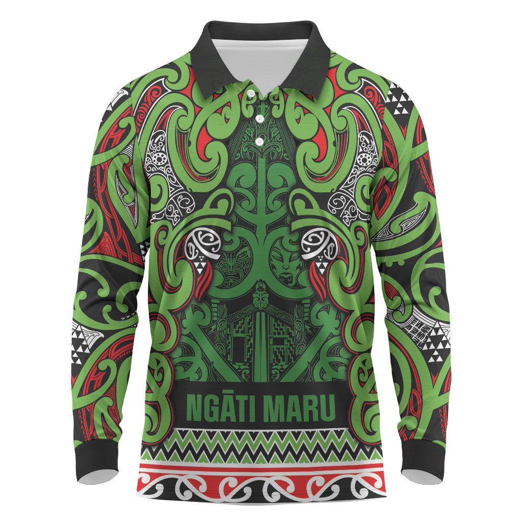 Aotearoa Iwi Ngati Maru Hauraki Long Sleeve Polo Shirt Maori Wharenui House Tribal Pattern LT9 Green Red - Polynesian Pride