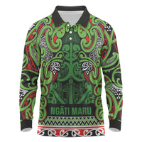 Aotearoa Iwi Ngati Maru Hauraki Long Sleeve Polo Shirt Maori Wharenui House Tribal Pattern LT9 Green Red - Polynesian Pride