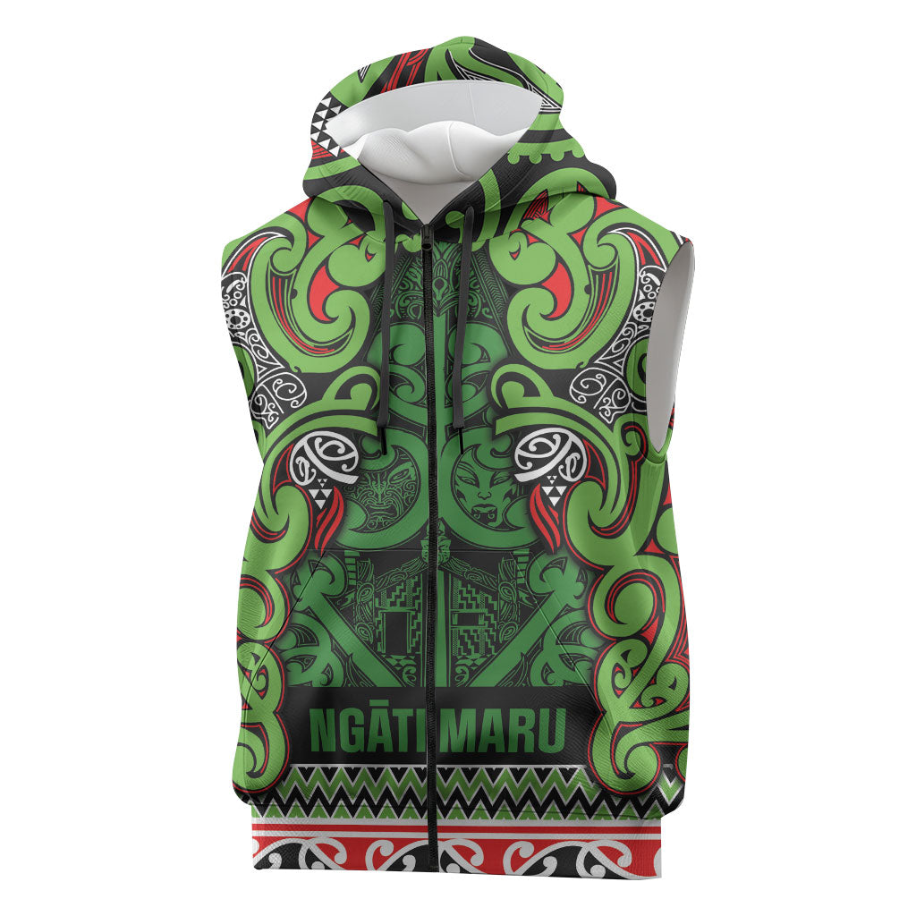Aotearoa Iwi Ngati Maru Hauraki Sleeveless Zip Hoodie Maori Wharenui House Tribal Pattern LT9 Green Red - Polynesian Pride