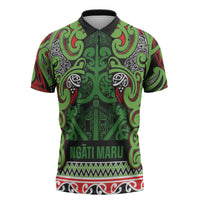 Aotearoa Iwi Ngati Maru Hauraki Zipper Polo Shirt Maori Wharenui House Tribal Pattern LT9 Green Red - Polynesian Pride