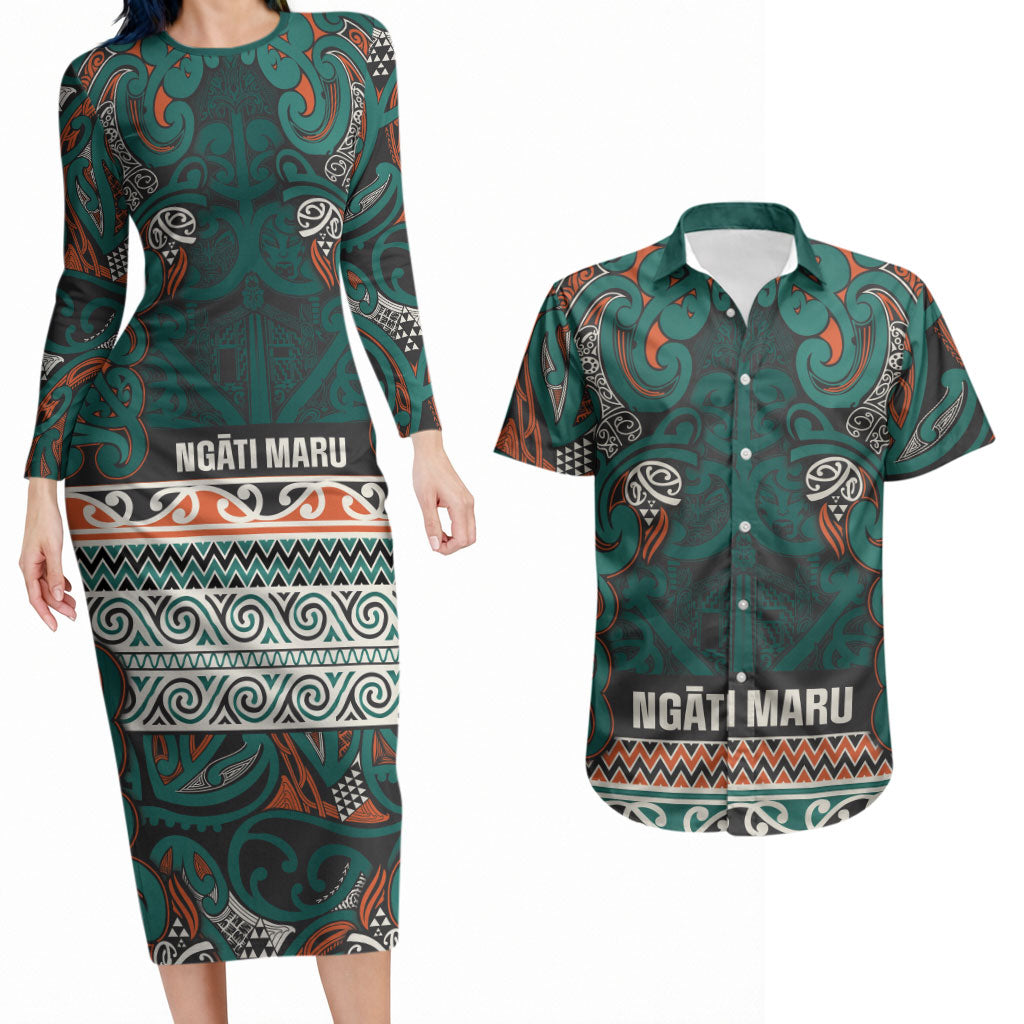 Aotearoa Iwi Ngāti Maru Taranaki Couples Matching Long Sleeve Bodycon Dress and Hawaiian Shirt Maori Wharenui House Tribal Pattern LT9 Deep Teal - Polynesian Pride