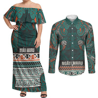 Aotearoa Iwi Ngāti Maru Taranaki Couples Matching Off Shoulder Maxi Dress and Long Sleeve Button Shirt Maori Wharenui House Tribal Pattern LT9 Deep Teal - Polynesian Pride